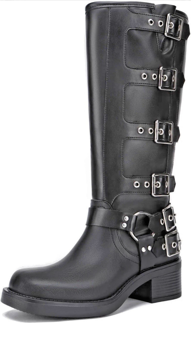 Athlefit Women Knee High Boots Buckle Bit Square Toe Chunky size 6.5 FLAW